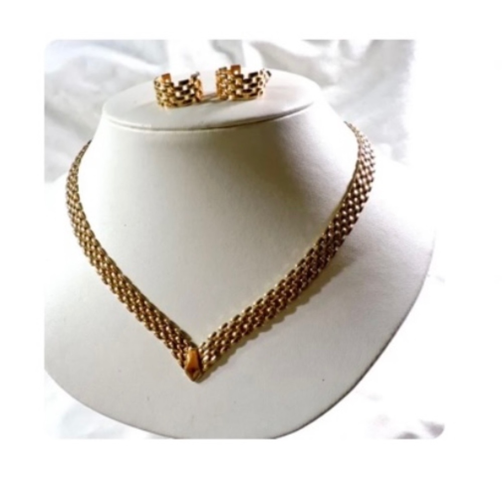3 pce Vintage Goldplate V Choker Necklace & Earring Set